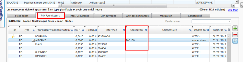 Colonne Conversion dans fiche article