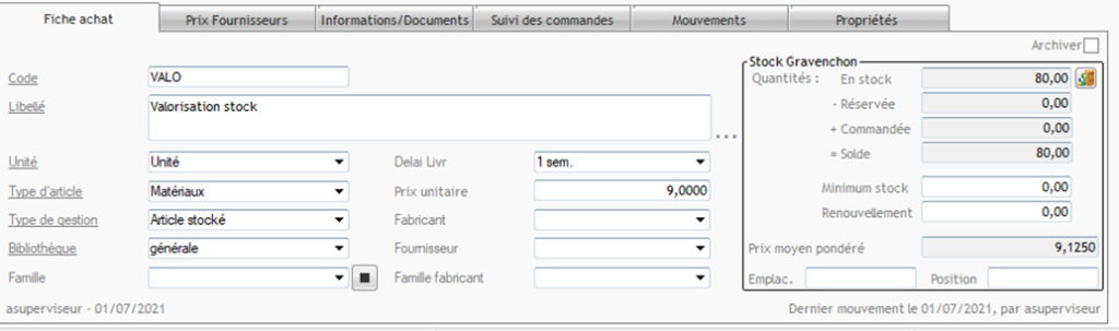 Capture de l'écran Fiche article