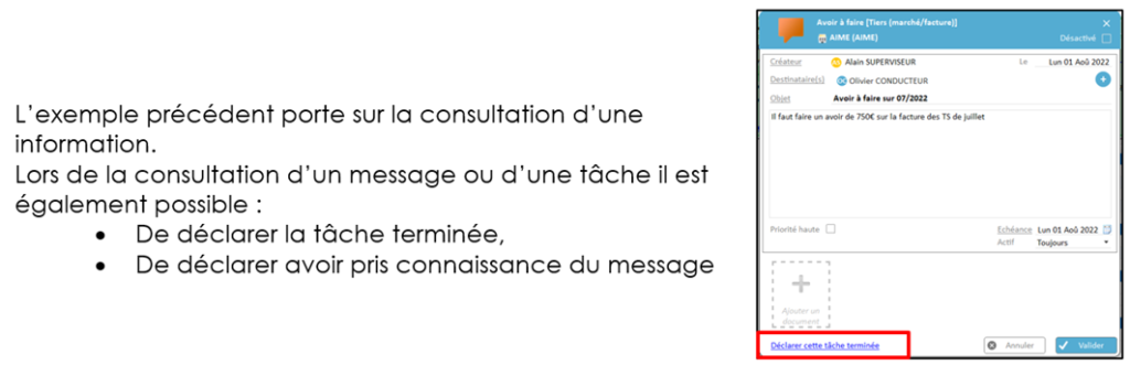 Capture d'écran du lien pour déclarer la tâche comme terminée