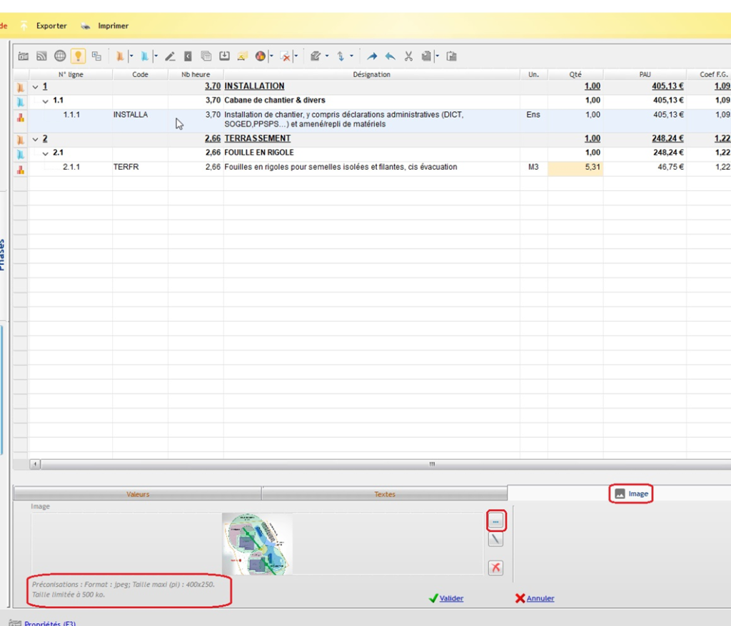 Capture de l'écran de rédaction d'un devis