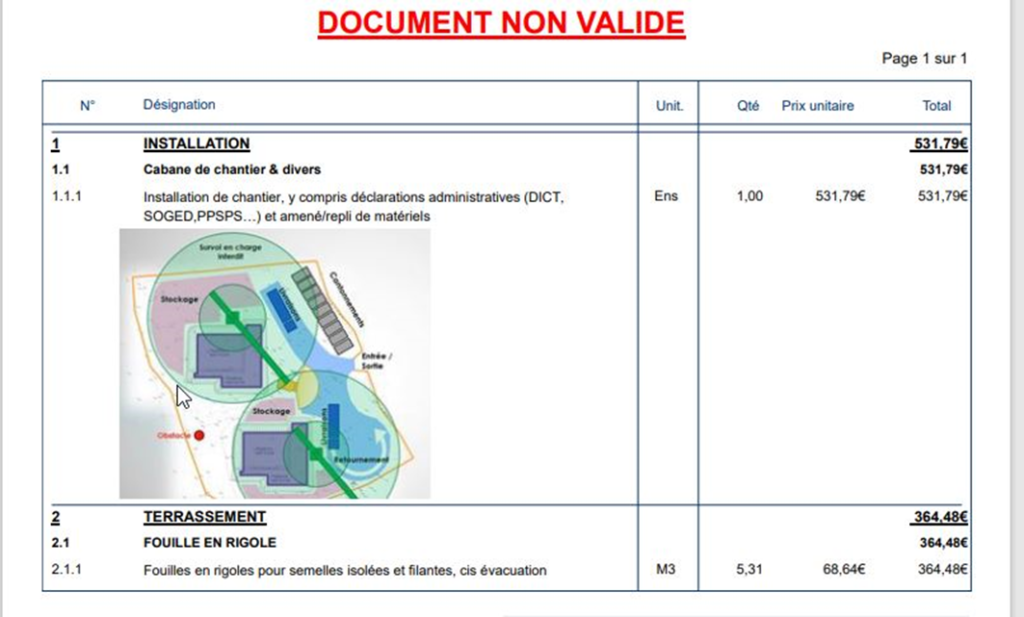 Capture d'un exemple de mise en page d'un devis avec une image