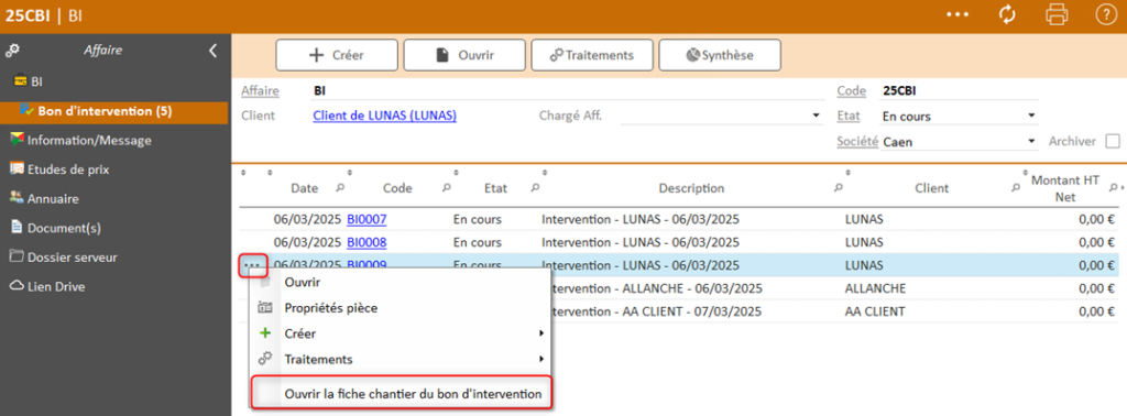 Capture d'écran de l'ouverture de la fiche chantier du bon d'intervention depuis le Bon d'intervention dans le logiciel Optim'BTP Entreprise