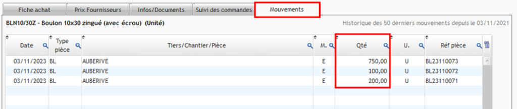 Colonne Quantité dans l'onglet Mouvements de la fiche article