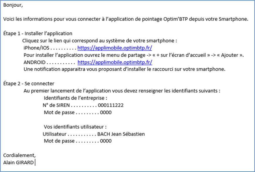 Email de procédure pour installer l'application mobile