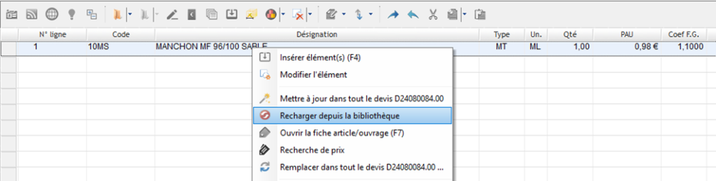 Capture d'écran de la commande Recharger depuis la bibliothèque accessible depuis un devis