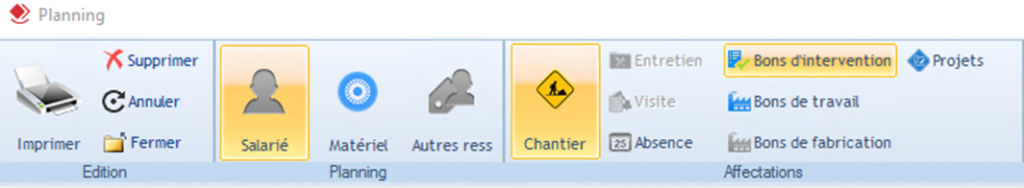 Capture d'écran du menu Ressources dans la fenêtre Planning pour activer le filtre Bon d'intervention