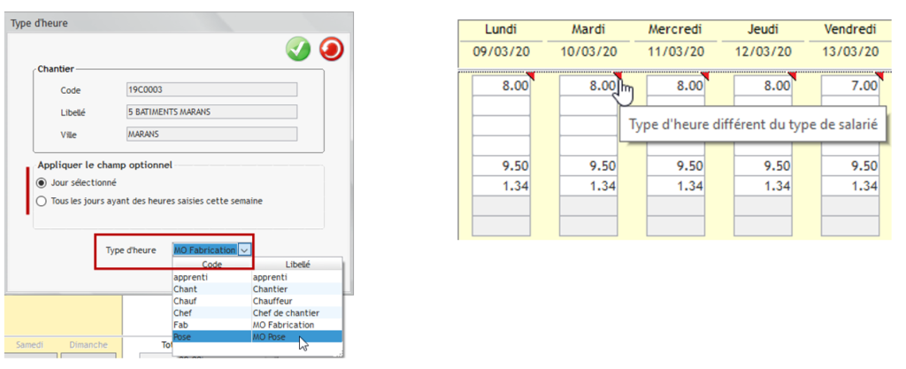 Capture d'écran de la modification due type d'heure