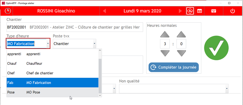 Capture de l'écran Pointage atelier dans Optim'BTP Entreprise
