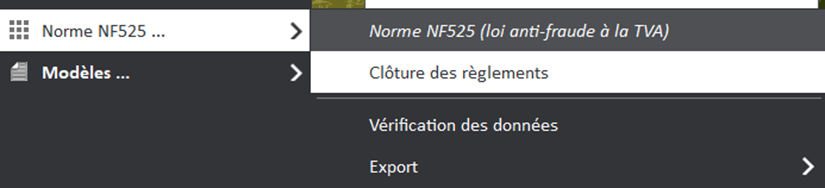 Capture d'écran de la fenêtre de Clôture des règlements dans l'onglet Vente Facture puis Norme NF525