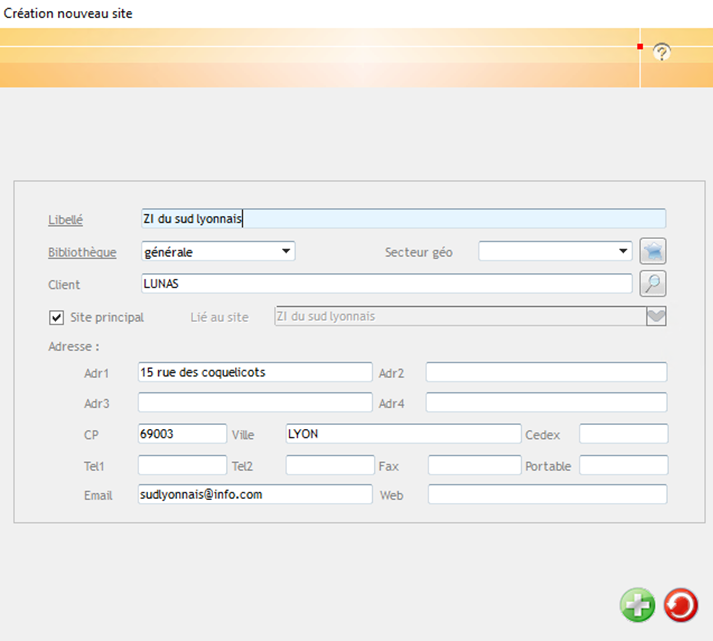 Capture d'écran de la fenêtre de Création d'un nouveau site