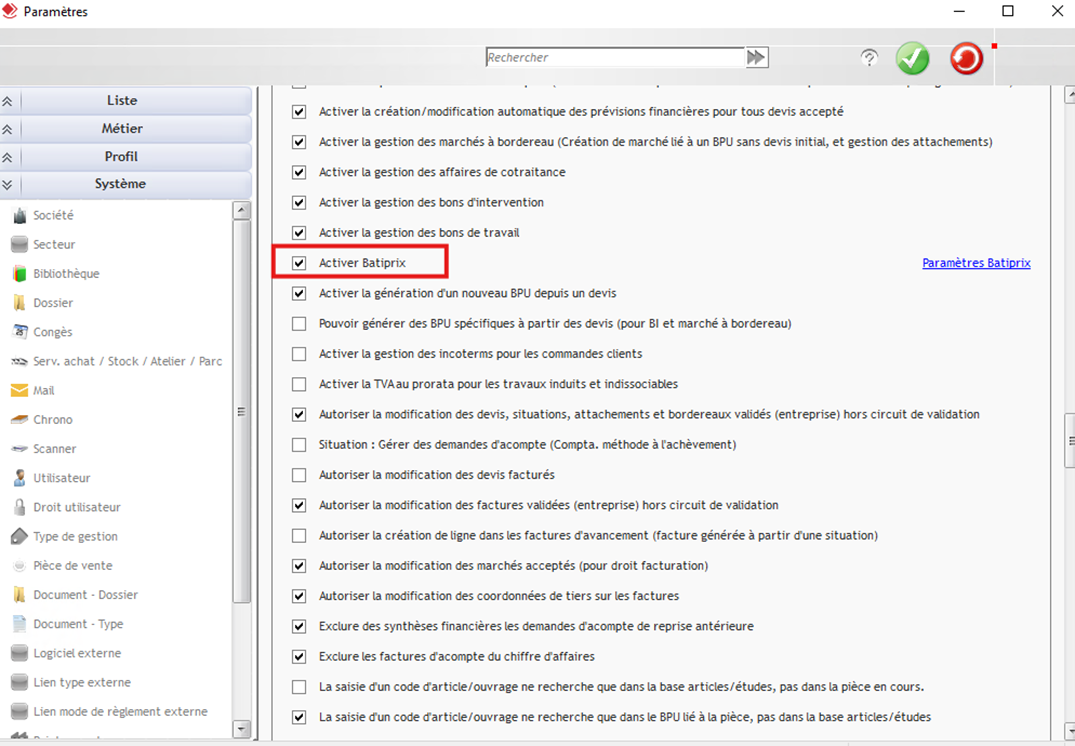 Capture d'écran de l'activation de l'option Activer Batiprix dans la fenêtre de Paramètres de l'ERP Optim'BTP Entreprise