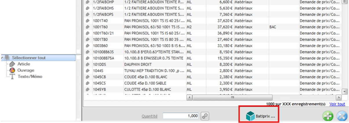 Capture d'écran de l'utilisation de la bibliothèque Batiprix