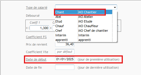 Capture du paramétrage d'un nouveau type de salarié