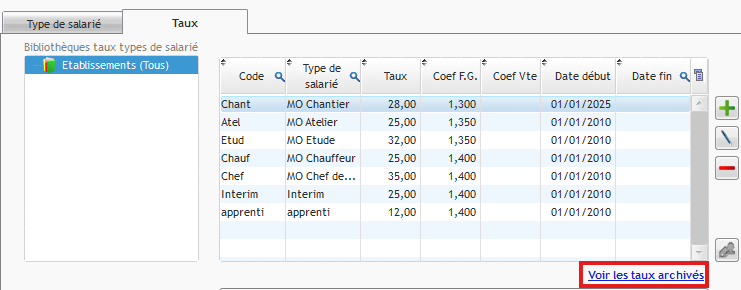 Capture du paramétrage des taux et du lien pour Voir les taux archivés