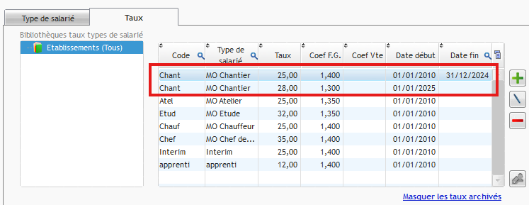 Capture du paramétrage des taux où sont affichés les taux archivés
