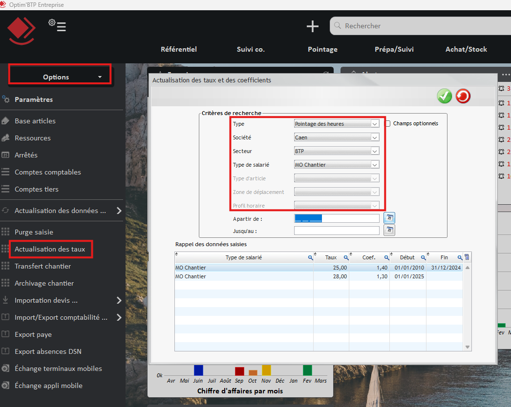 Capture de l'écran Actualisation des taux et des coefficients