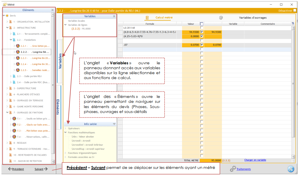 Capture de l'écran Fiche métré