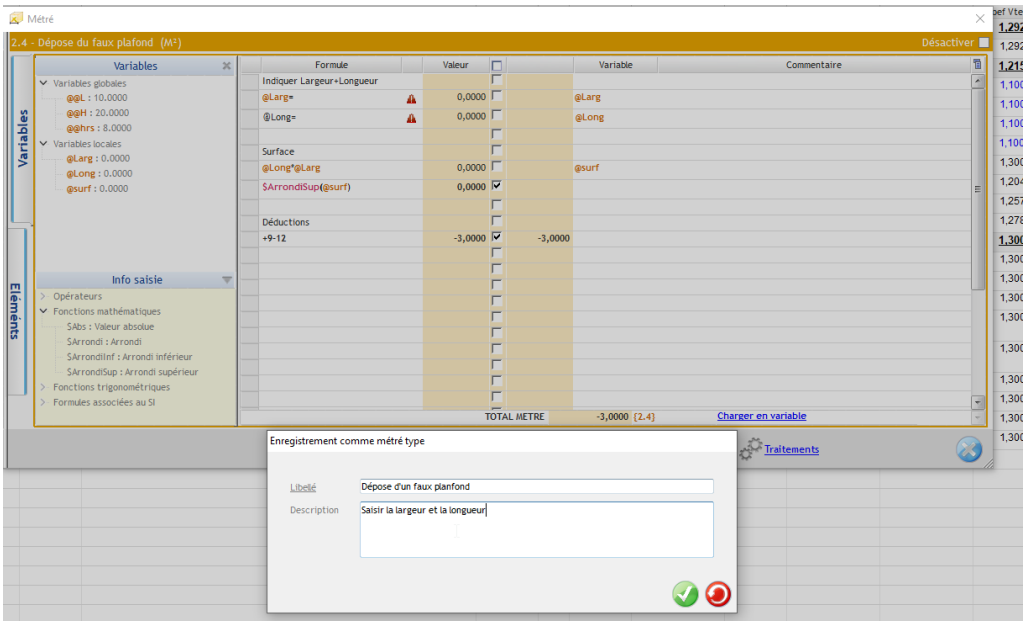 Ecran Enregistrement comme métré type