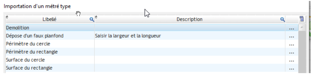 Importation d'un métré type