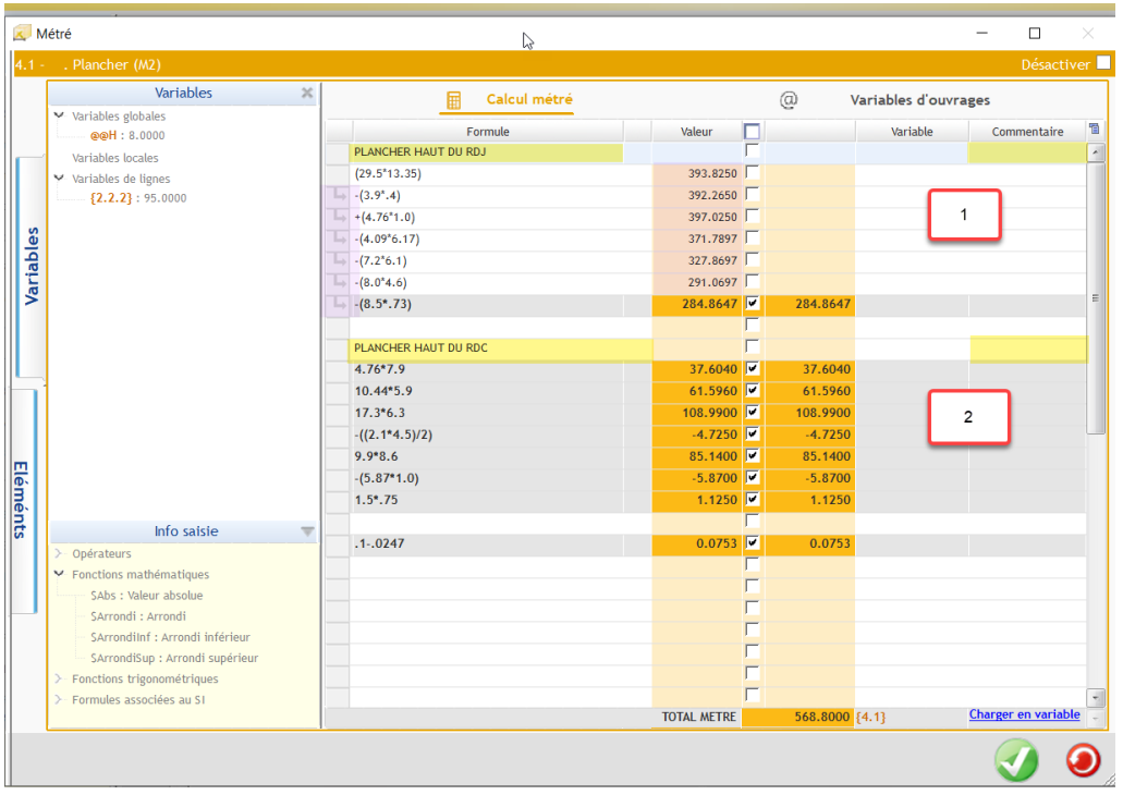 Ecran Fiche Métré avec les deux méthodes de calcul