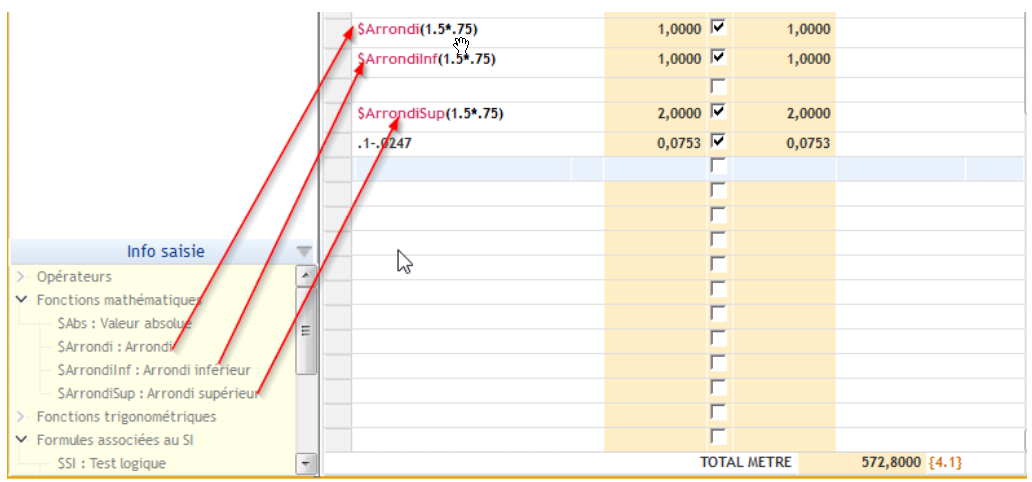 Capture d'écran de la fiche Métré avec des fonctions