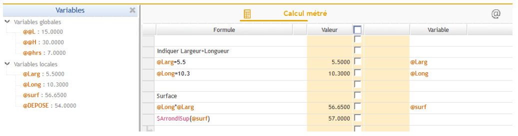 Utilisation des variables dans le calcul d'un métré