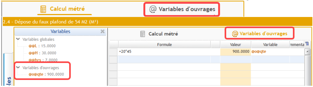 Activation de l'écran Variables d'ouvrages