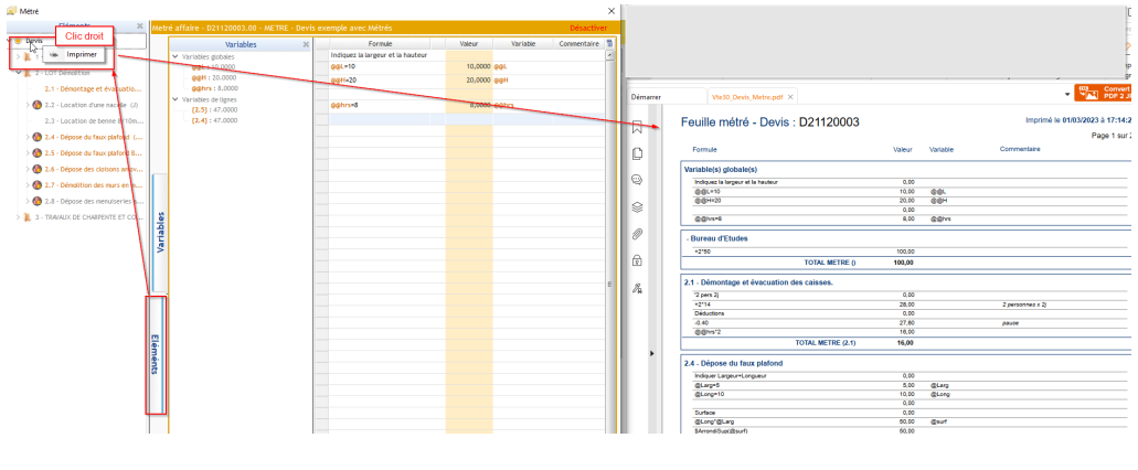 Impression des métrés