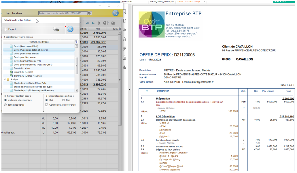 Edition devis avec sous-détail et métré