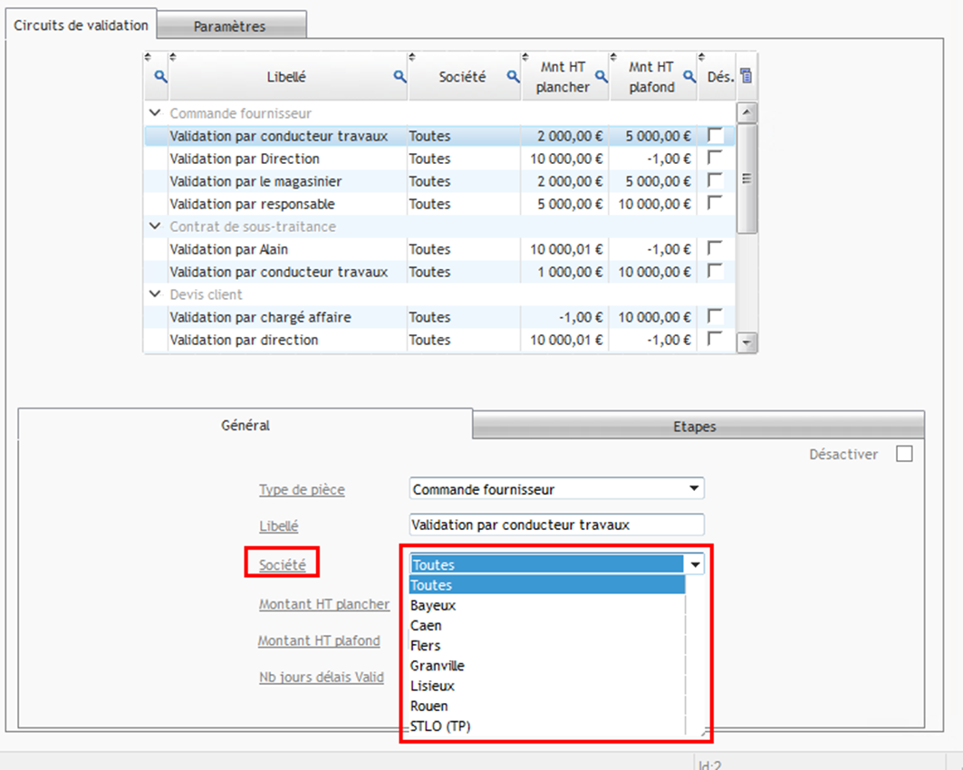 Capture du paramétrage de la société dans l'onglet Général des paramètres de circuit de validation