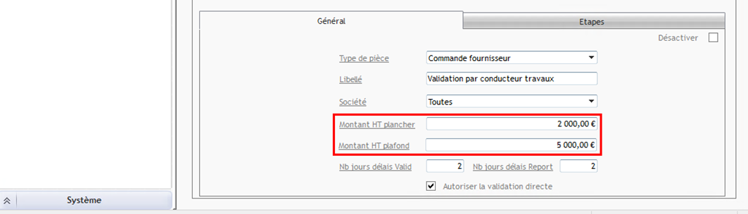 Paramétrage des montants plancher et plafond