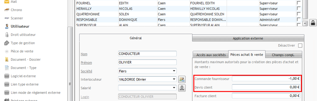 Capture du paramétrage des montants maximum autorisés pour la création des pièces d'achat et de vente