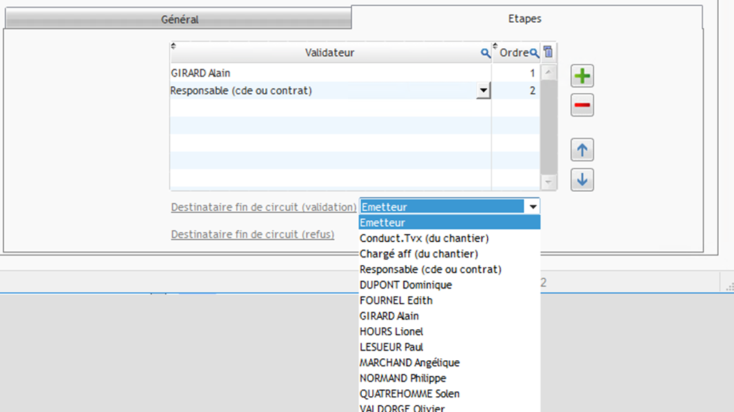 Capture d'écran du paramétrage du circuit de validation et du destinataire de fin de circuit