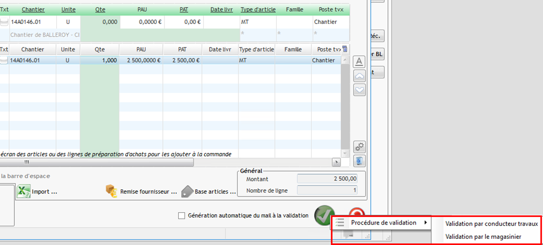 Capture de l'écran Commande fournisseur et mise en valeur de l'envoi en validation