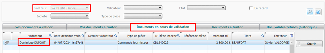 Capture de l'onglet Documents en cours de validation