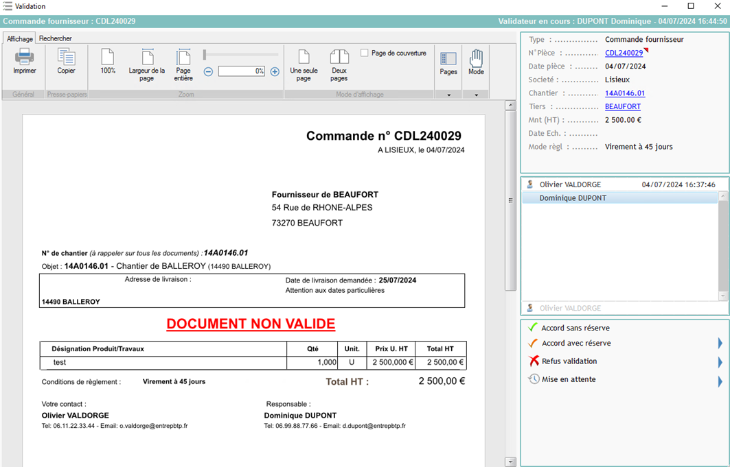Visuel de la Validation d'une commande fournisseur