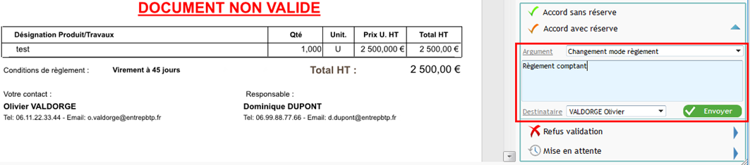 Saisie d'un commentaire lors de l'envoi d'une validation avec réserve ou d'un refus de validation