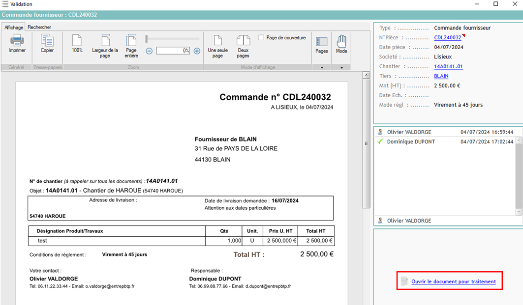 Ouvrir le document pour traitement