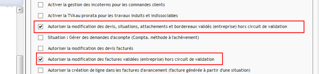 Capture du paramétrage permettant de modifier les pièces de vente
