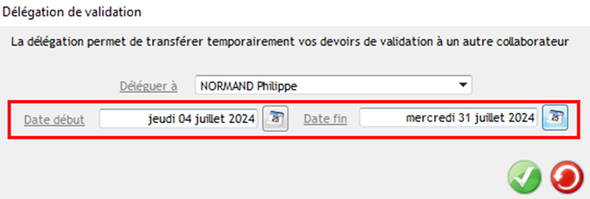 Capture de l'écran de création d'une délégation de validation - Saisie des dates de début et de fin