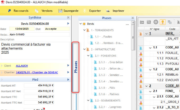 Capture d'écran de l'onglet Phases dans un devis