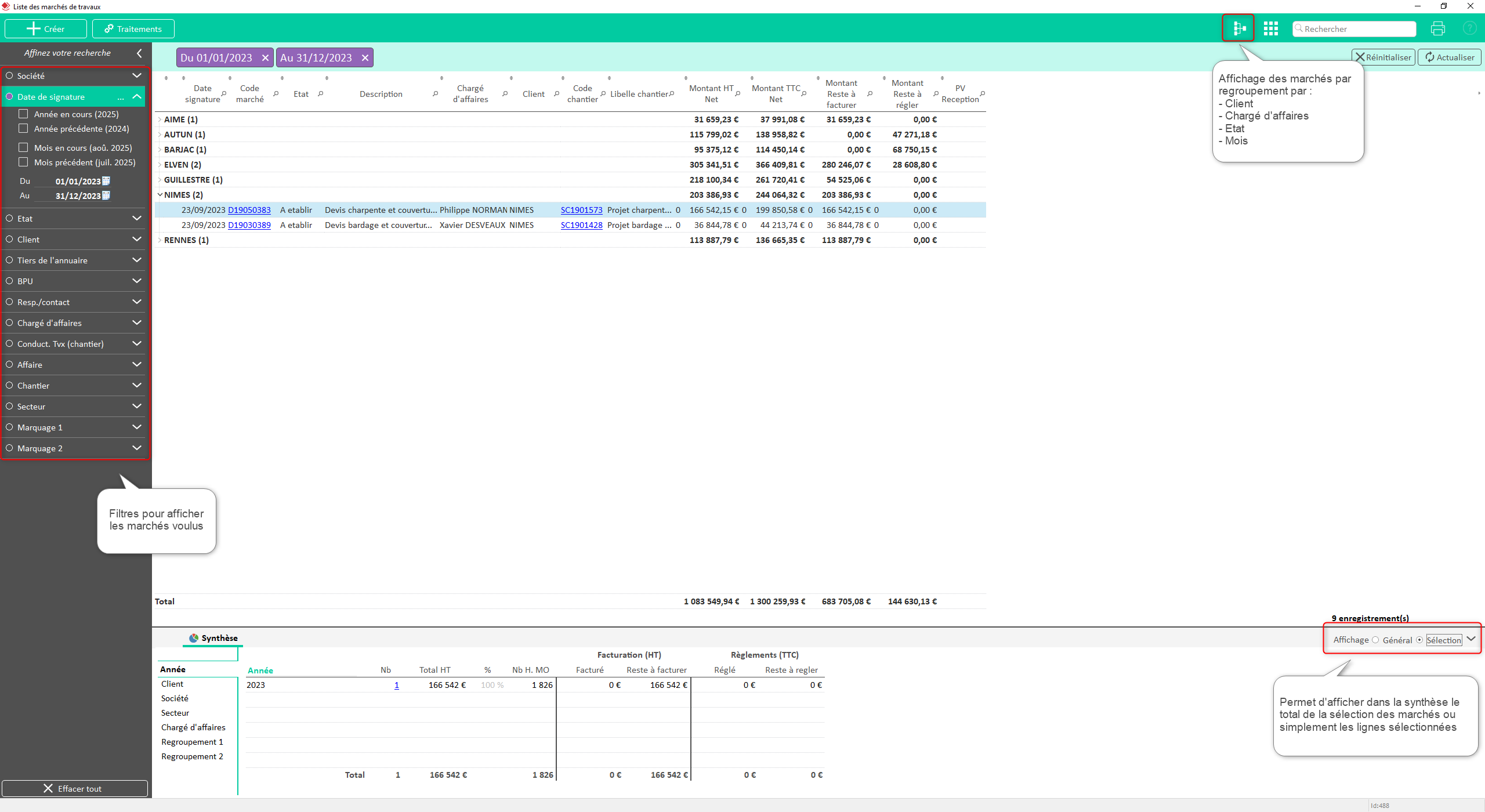 Capture de l'écran Liste des marchés de travaux