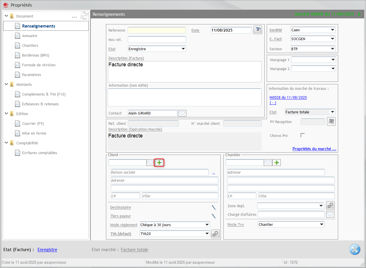 Capture du bouton de création du client depuis la fenêtre Propriétés