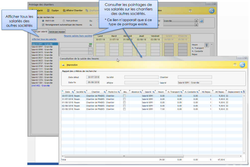 Captures et schéma explicatif du pointage des chantiers et de la saisie des heures