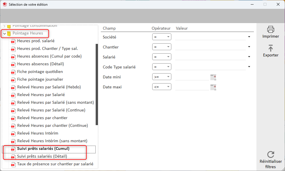 Capture des éditions Pointages heures disponibles et du suivi Cumul et Détail des prêts salariés