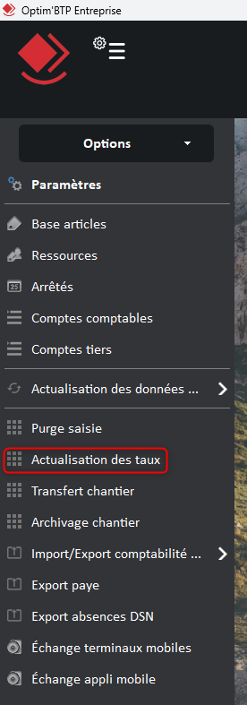Menu Actualisation des taux