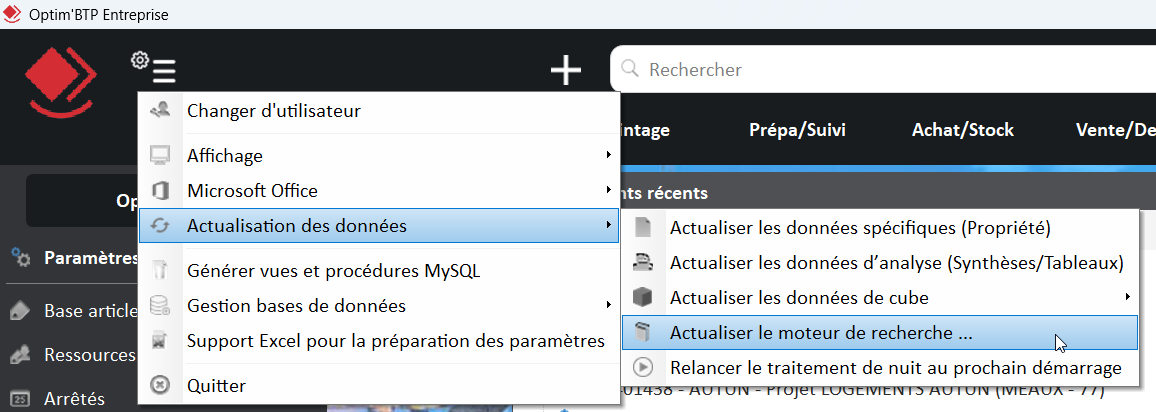 Capture d'écran du menu Actualisation des données - Actualiser le moteur de recherche dans l'ERP Optim'BTP Entreprise