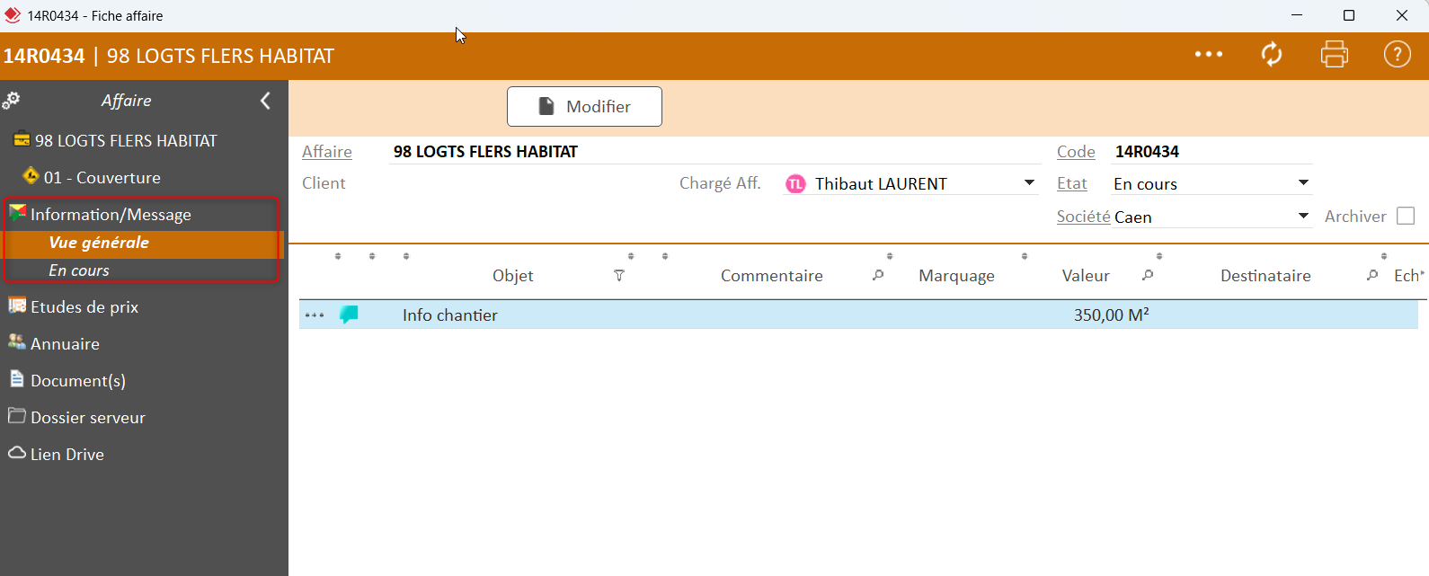 Capture de l'écran Fiche affaire