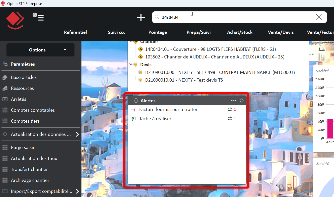 Capture du widget Alertes sur l'écran d'accueil d'Optim'BTP Entreprise