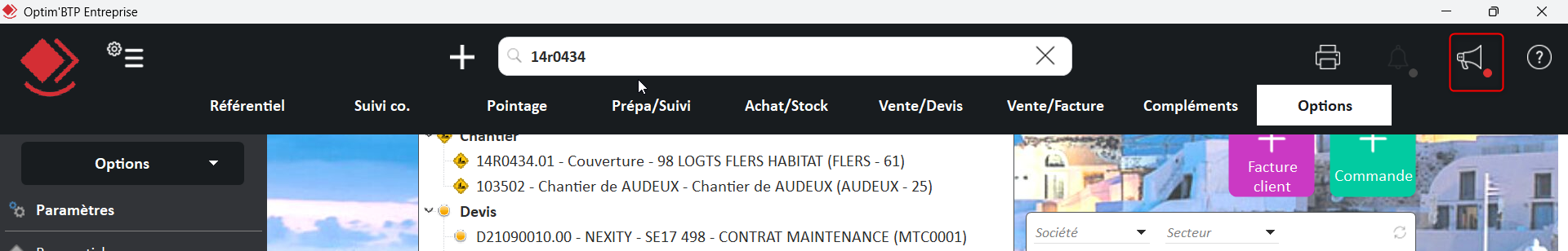Capture du bouton d'alerte en haut à droite de l'écran d'accueil d'Optim'BTP Entreprise